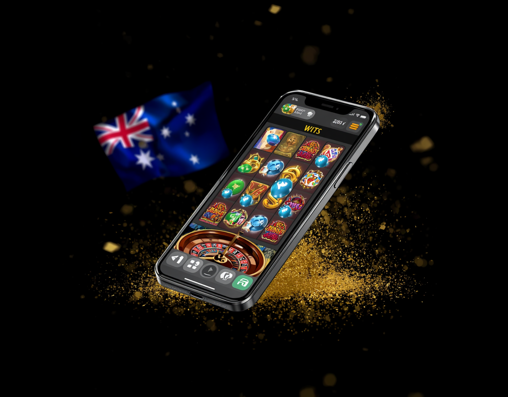AU Phone with gold dust floating showing random casinos on phone screen