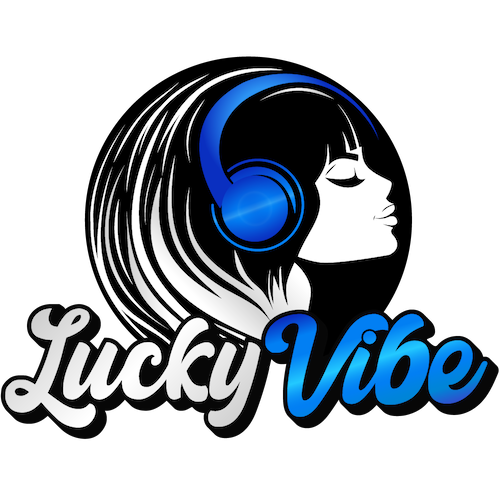 Lucky Vibe Casino logo featuring modern gold and purple branding